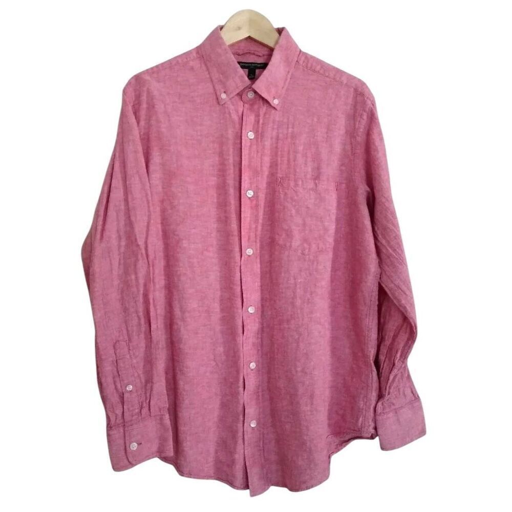 Banana Republic Men's Raspberry Pink/Red Linen Classic Fit Button Down Collar Bu